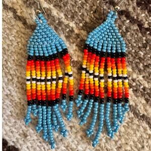 Beaded Fringe Earrings Turquoise Sunset Boho Western Cowgirl NWOT